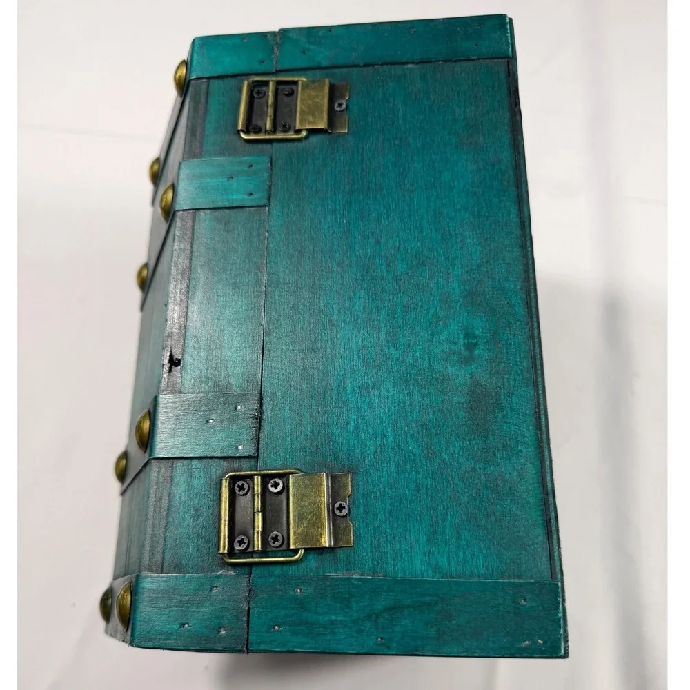 Teal Wood Treasure Chest Lion Head Studded Trunk with Combination Lock